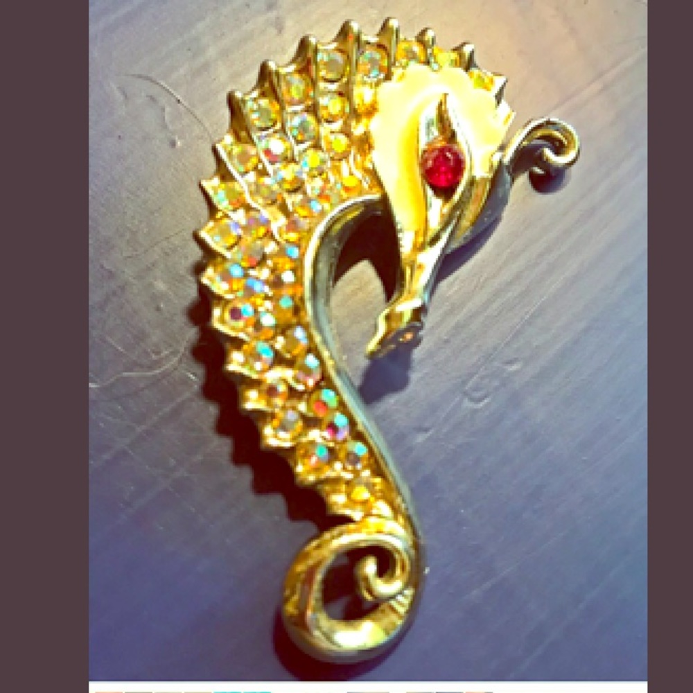 Vintage Seahorse Brooch W/ Rhinestones